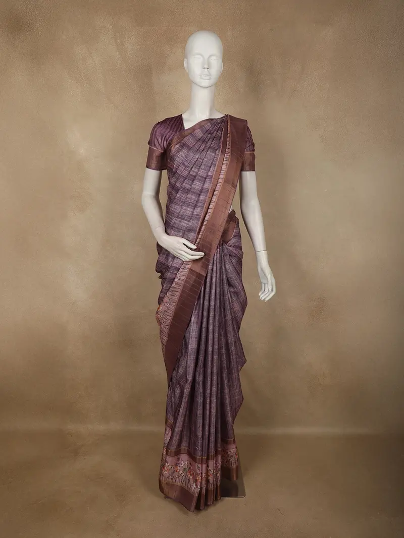 Deep Plum Wine Abstract Printed Design Semi Tussar Saree 1