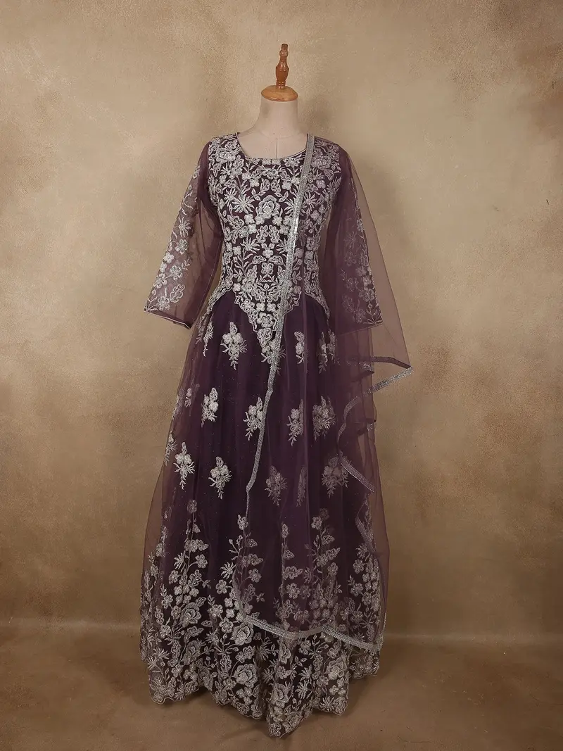 Deep Plum Wine Purple Floral Thread Embroidered Design Net Gown With Dupatta 1