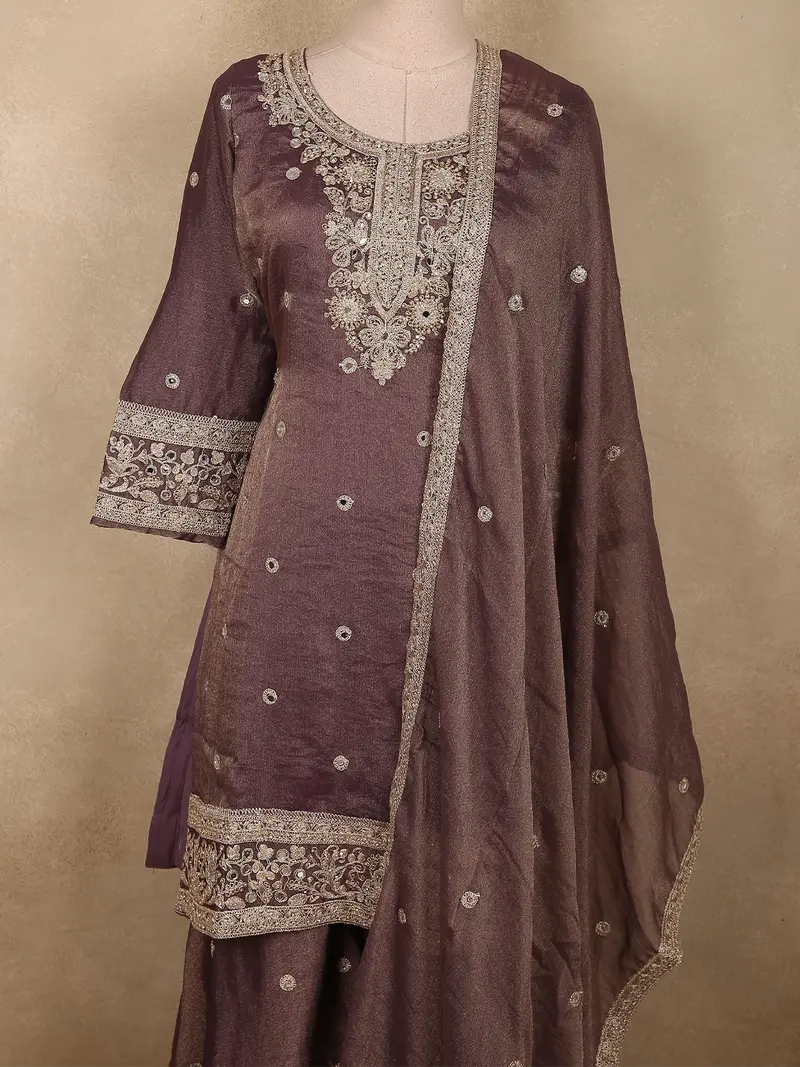 Deep Plum Wine Purple Floral Zari Embroidered Design Tissue Organza Palazzo Suit With Dupatta 1
