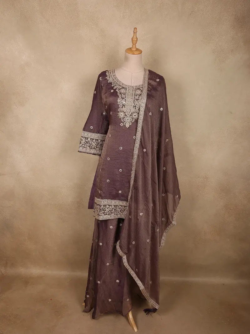 Deep Plum Wine Purple Floral Zari Embroidered Design Tissue Organza Palazzo Suit With Dupatta 2