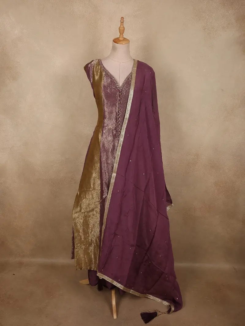 Deep Plum Wine Purple Floral Zari Woven Design Silk Palazzo Suit 1