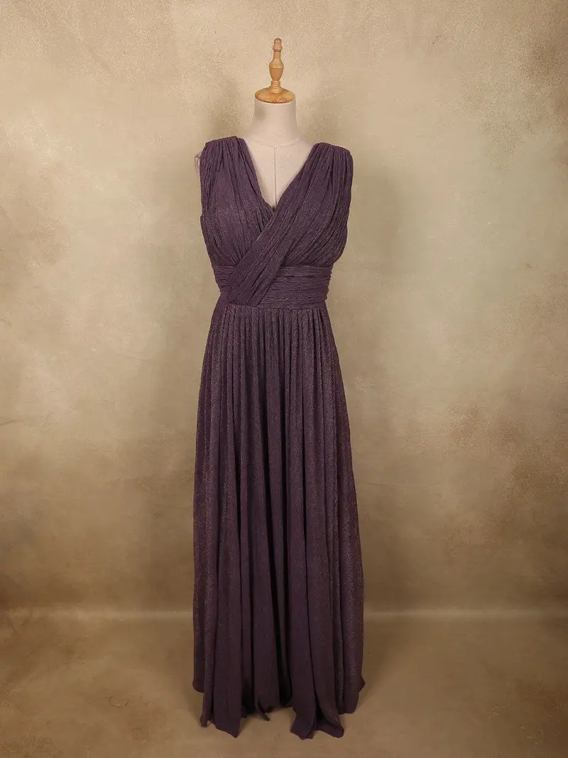 Deep Plum Wine Purple Solid Design Shimmer Pleated Party Wear Gown 1