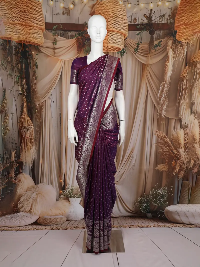 Deep Purple Butta Design Semi Banarasi Saree 1