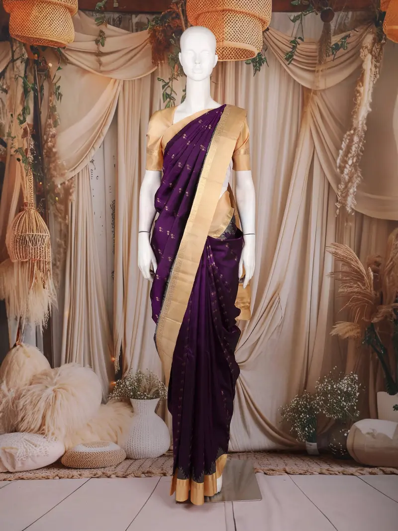 Deep Purple Butta Woven Design Pure Kanchipuram Silk Saree With Contrast Border 1