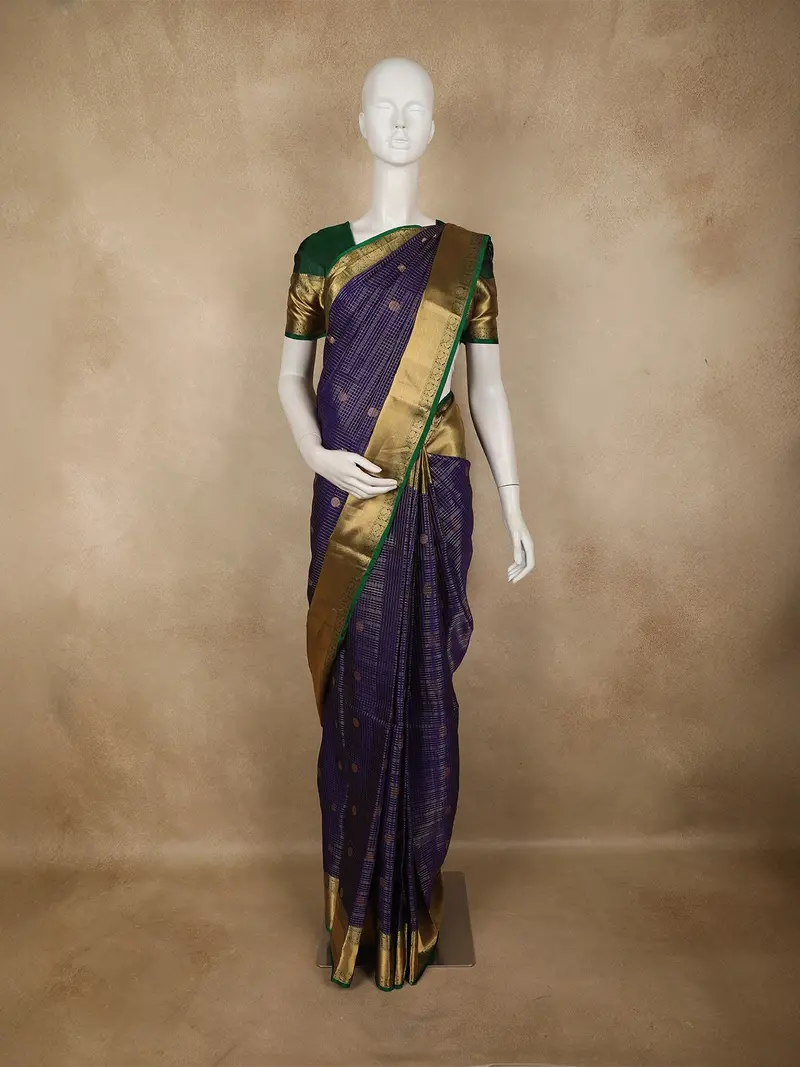 Deep Purple Checked Zari Woven Design Pure Kanchipuram Silk Saree With Contrast Border 1
