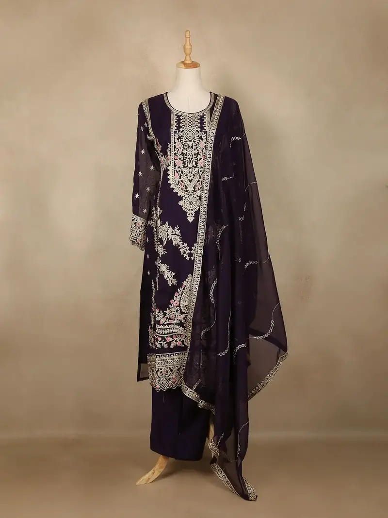 Deep Purple Floral Design Chiffon Straight Cut Salwar Suit 1