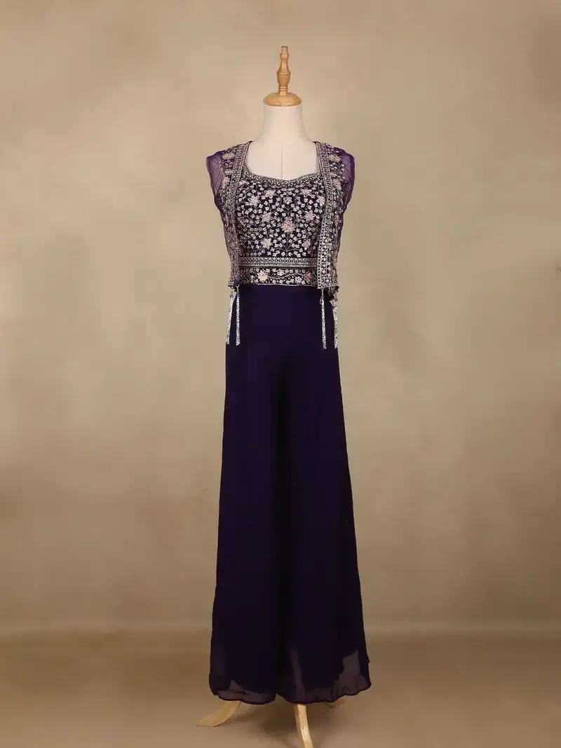 Deep Purple Floral Design Georgette Palazzo Salwar Suit 1