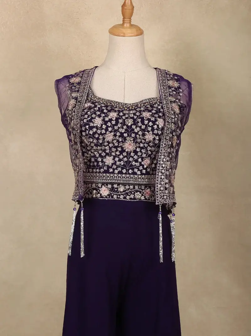 Deep Purple Floral Design Georgette Palazzo Salwar Suit 2