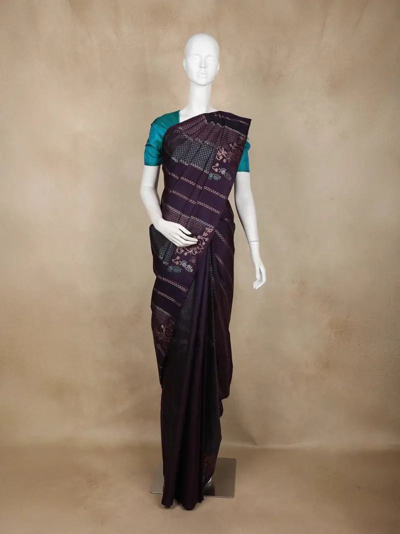 Deep Purple Floral Design Kanchipuram Silk Saree 1