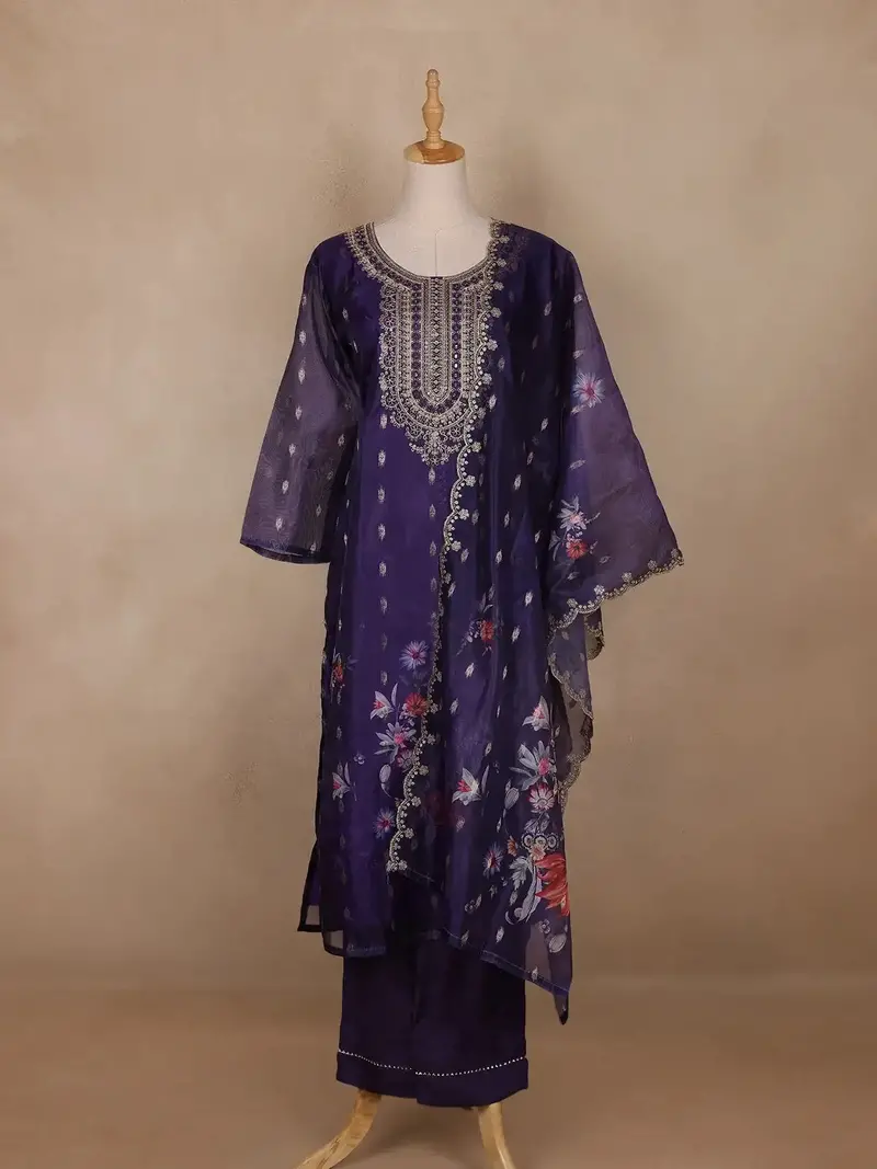Deep Purple Floral Design Organza Salwar Suit 1