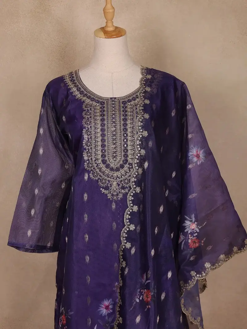 Deep Purple Floral Design Organza Salwar Suit 2