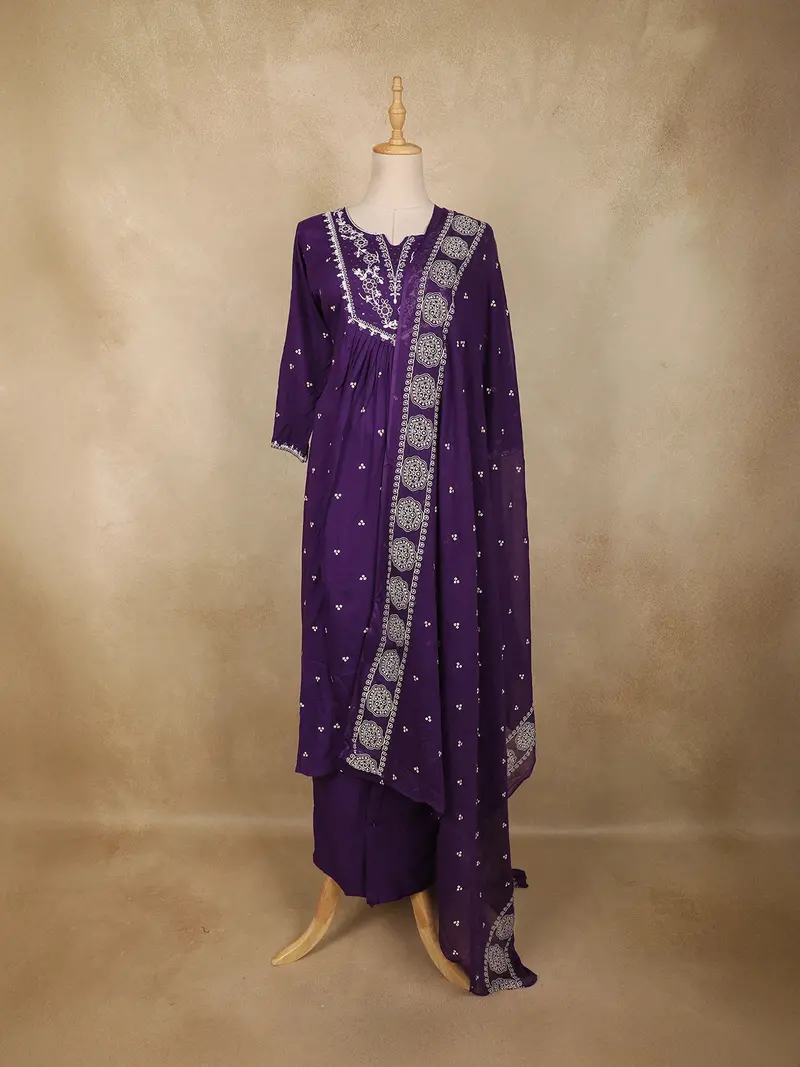 Deep Purple Floral Embroidered Design Cotton Anarkali Salwar Suit With Dupatta 1