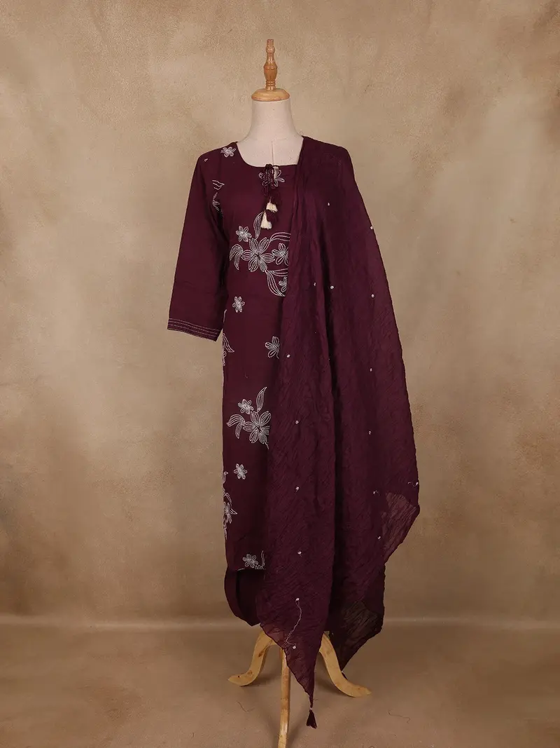 Deep Purple Floral Embroidered Design Cotton Straight Cut Salwar 1