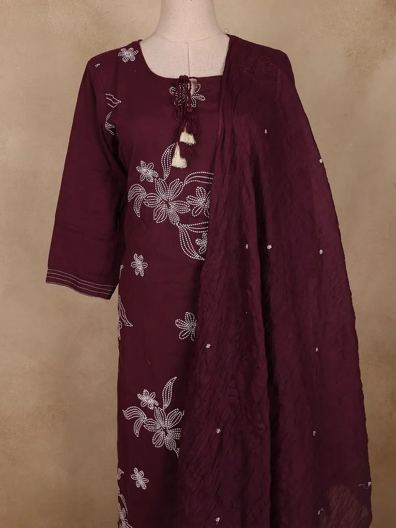 Deep Purple Floral Embroidered Design Cotton Straight Cut Salwar 2