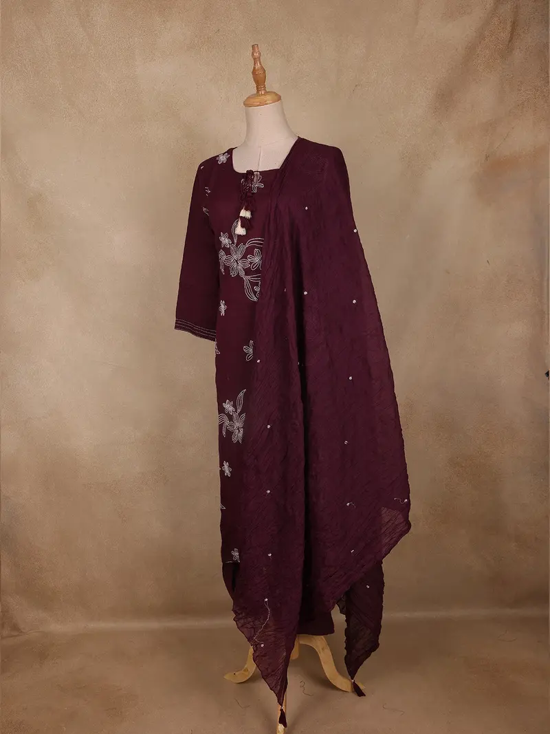 Deep Purple Floral Embroidered Design Cotton Straight Cut Salwar 3