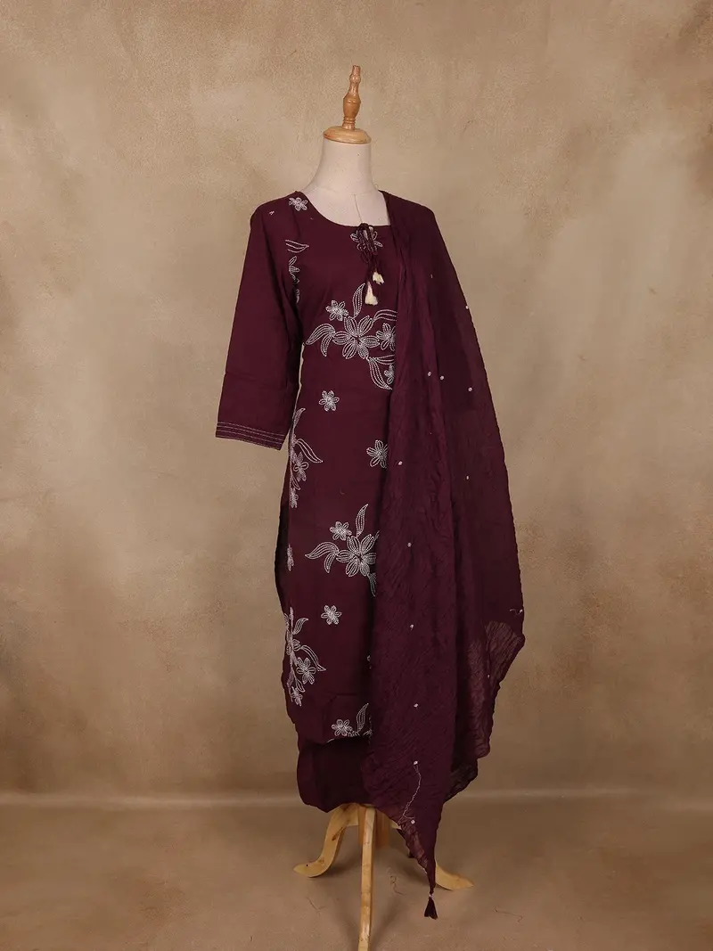 Deep Purple Floral Embroidered Design Cotton Straight Cut Salwar 4