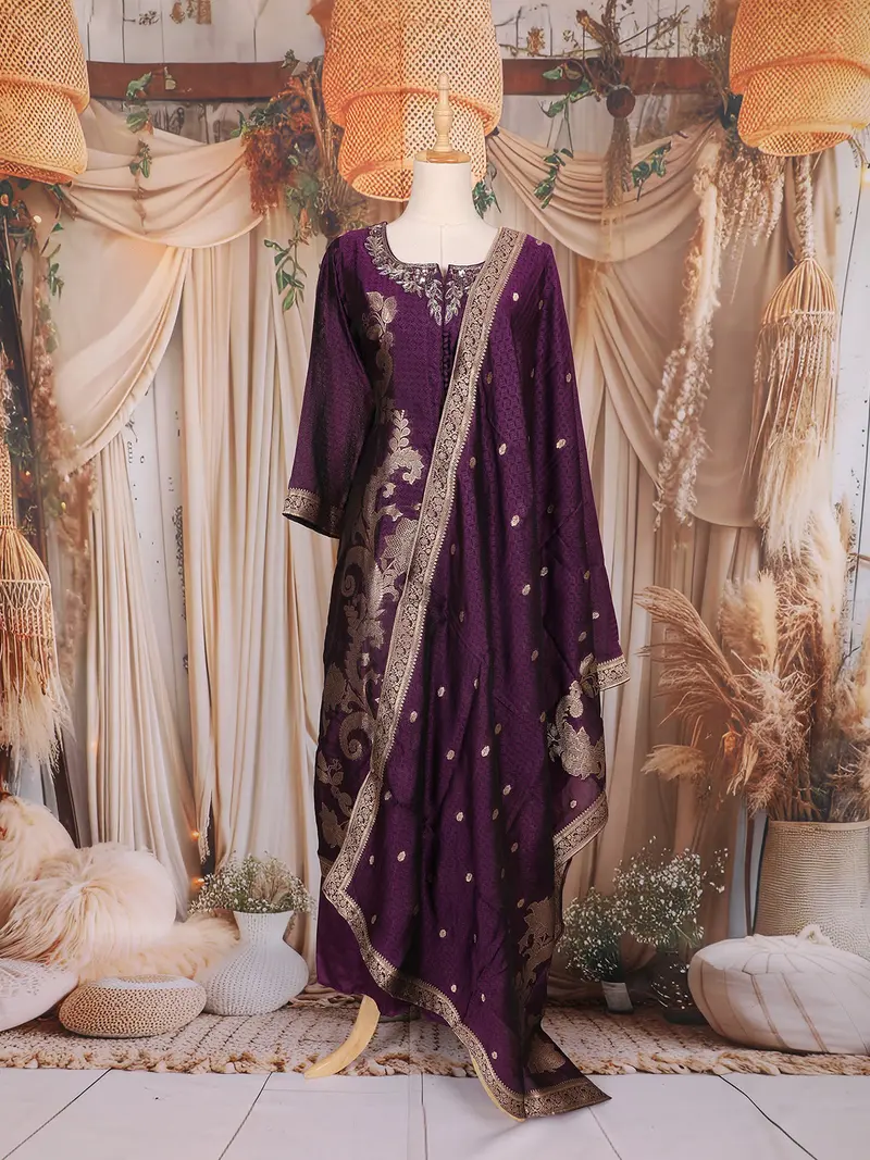 Deep Purple Floral Embroidered Tussar Palazzo Suit 1
