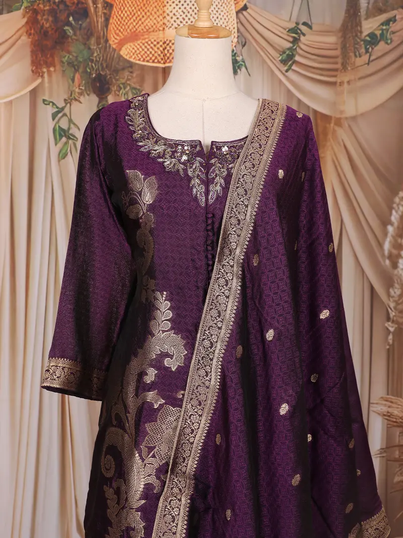 Deep Purple Floral Embroidered Tussar Palazzo Suit 2