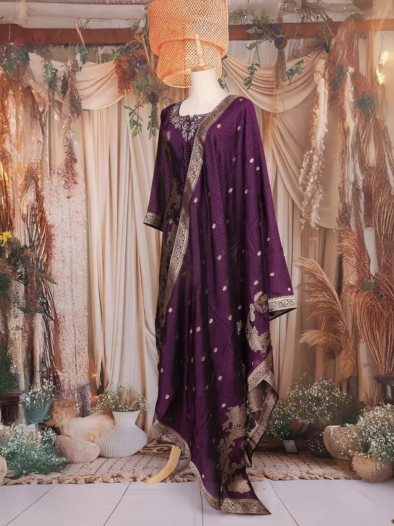 Deep Purple Floral Embroidered Tussar Palazzo Suit 3