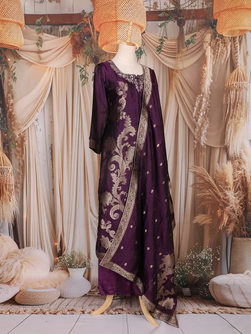 Deep Purple Floral Embroidered Tussar Palazzo Suit 4