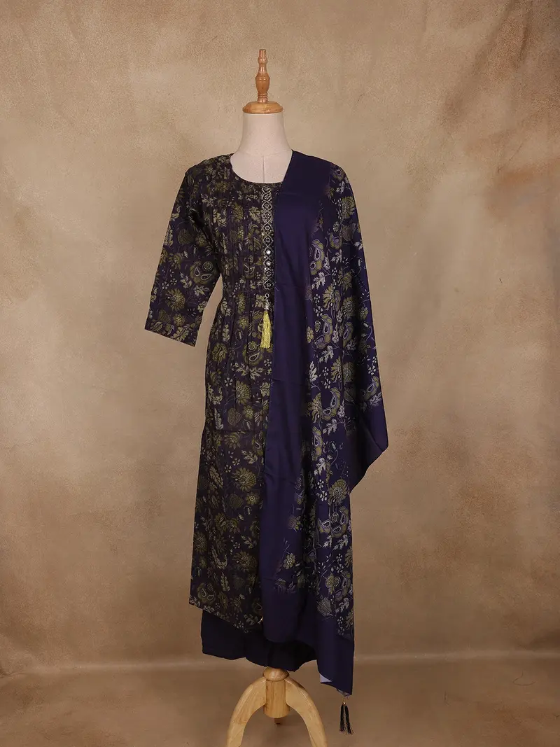 Deep Purple Floral Printed Cotton Salwar Suit With Dupatta 1