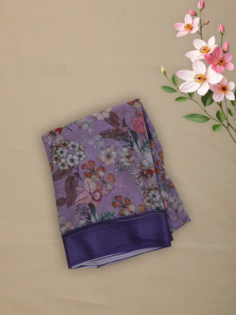 Deep Purple Floral Printed Design Chiffon Saree 1