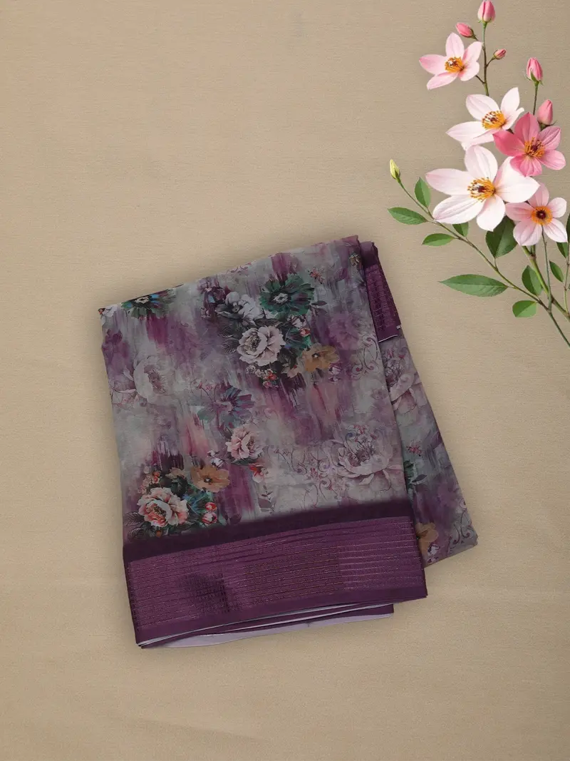 Deep Purple Floral Printed Design Chiffon Saree 1