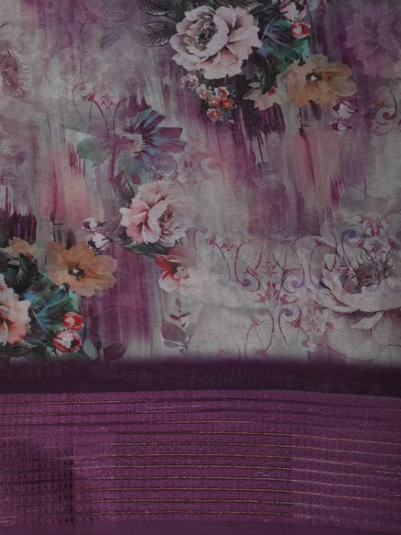 Deep Purple Floral Printed Design Chiffon Saree 2