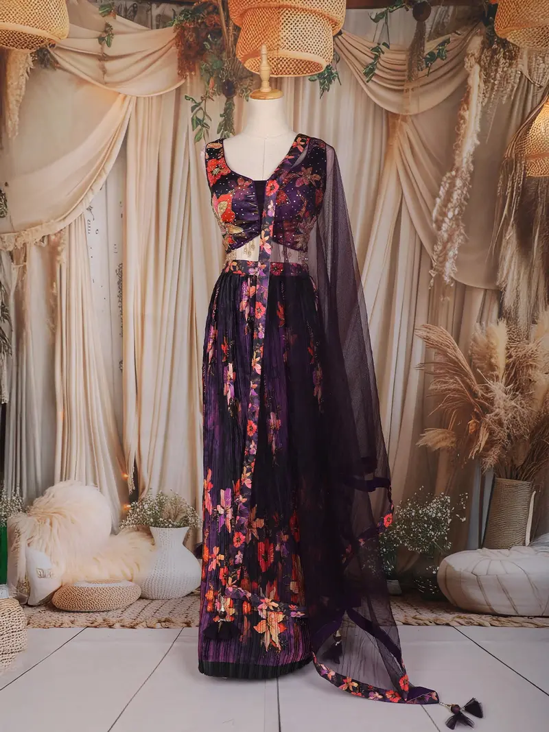 Deep Purple Floral Printed Design Crepe Bridesmaids Lehenga 1