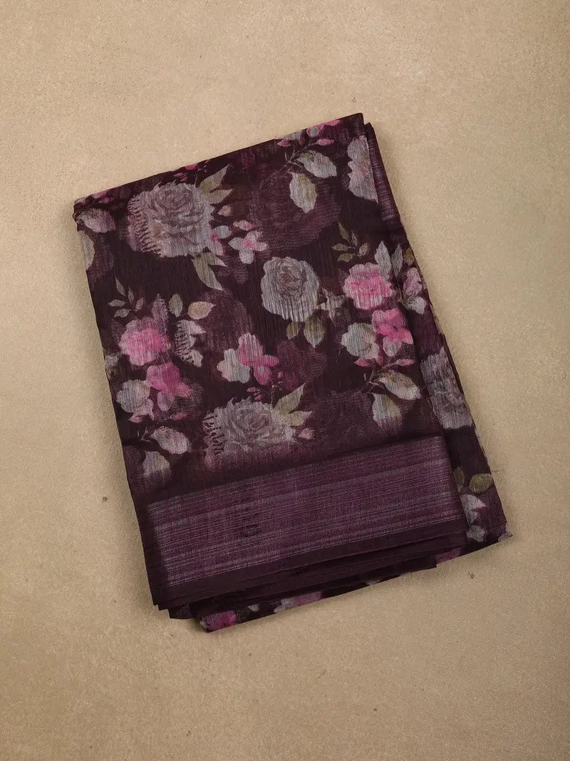 Deep Purple Floral Printed Design Linen Cotton Saree 1