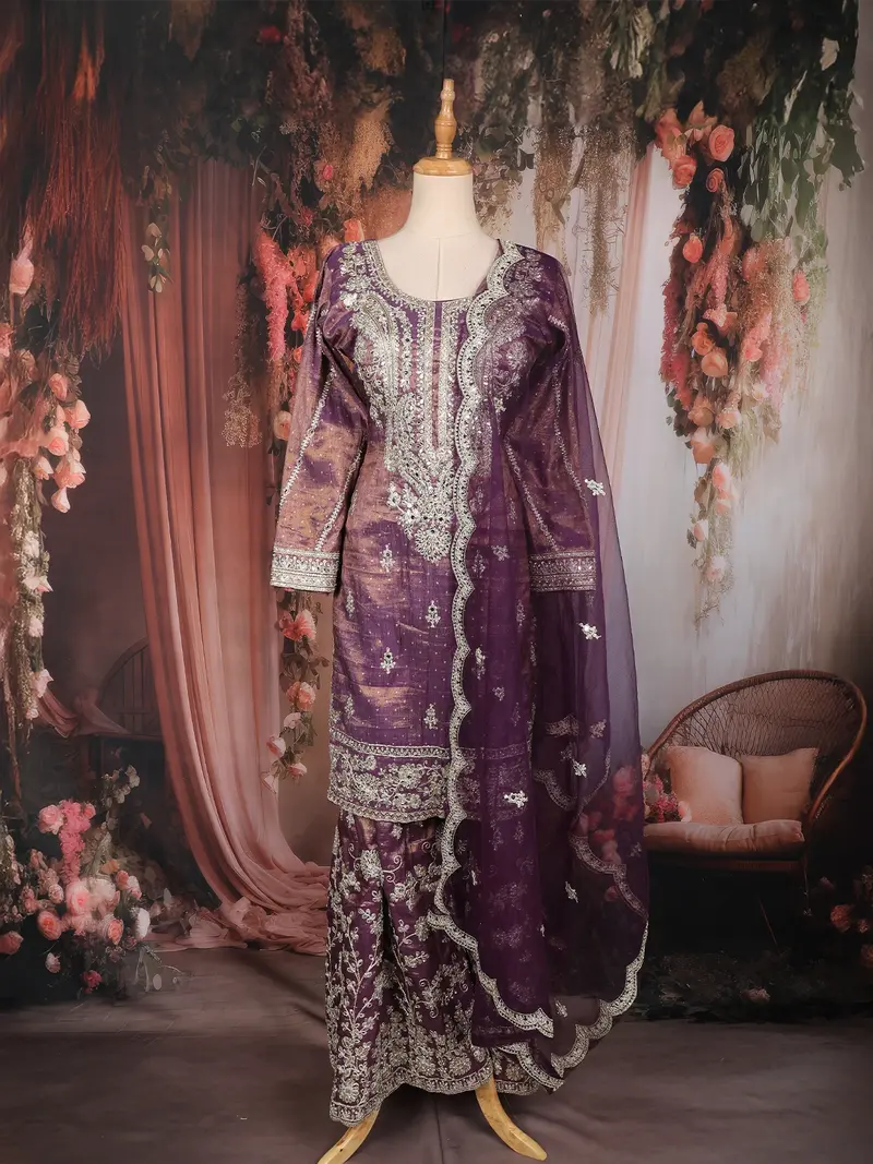 Deep Purple Floral Sequins And Beads Embroidered Design Tissue Palazzo Suit 1