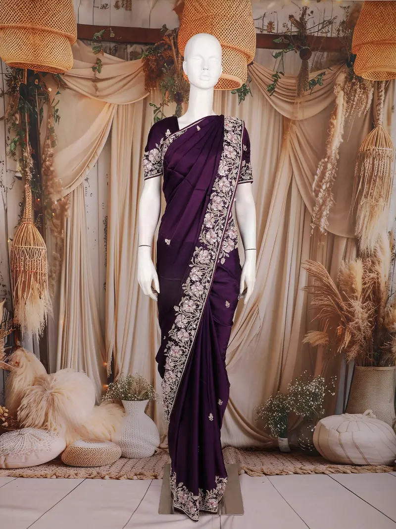 Deep Purple Floral Sequins And Thread Embroidered Satin Saree 1