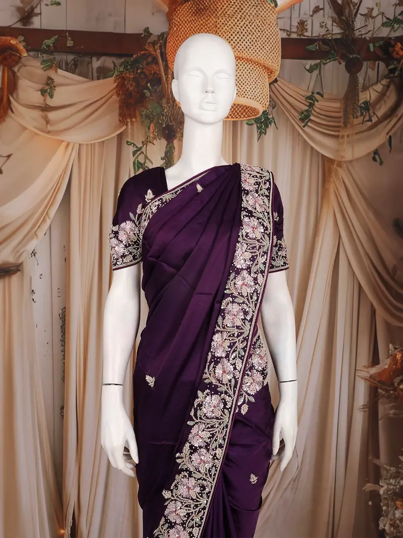 Deep Purple Floral Sequins And Thread Embroidered Satin Saree 2