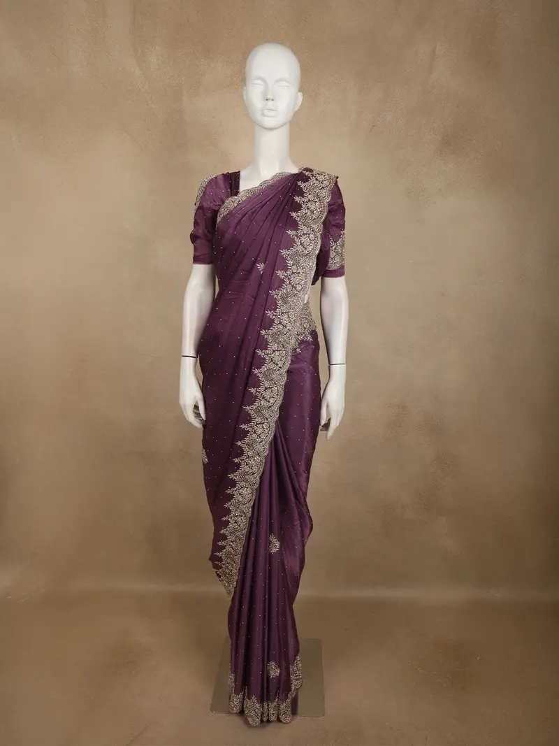 Deep Purple Floral Sequins And Zardozi Embroidered Design Satin Designer Saree With Scalloped Border 1