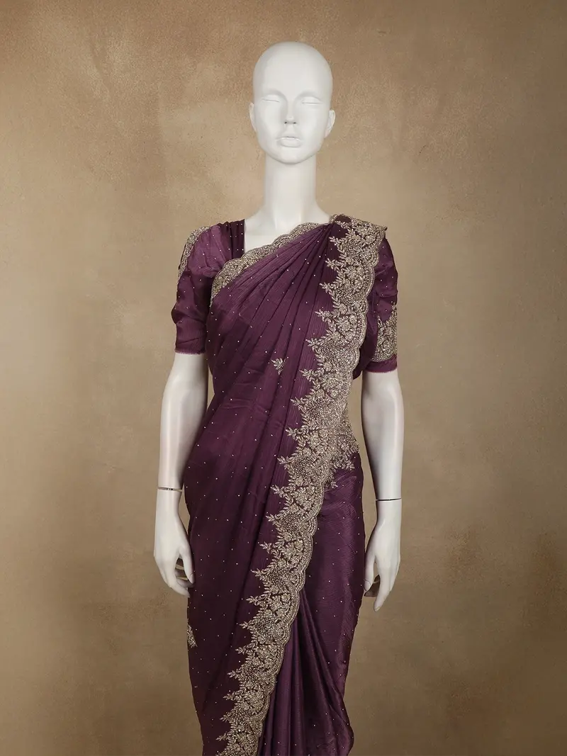 Deep Purple Floral Sequins And Zardozi Embroidered Design Satin Designer Saree With Scalloped Border 2