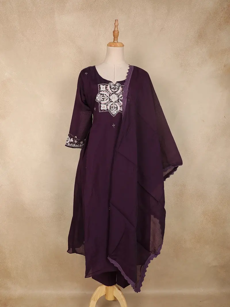 Deep Purple Floral Thread Embroidered Design Cotton Straight Cut Salwar Suit 1