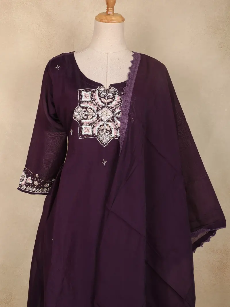 Deep Purple Floral Thread Embroidered Design Cotton Straight Cut Salwar Suit 2