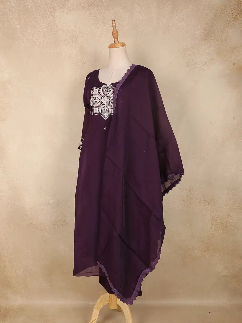 Deep Purple Floral Thread Embroidered Design Cotton Straight Cut Salwar Suit 3