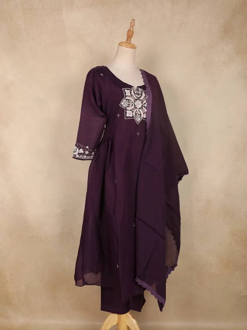 Deep Purple Floral Thread Embroidered Design Cotton Straight Cut Salwar Suit 4
