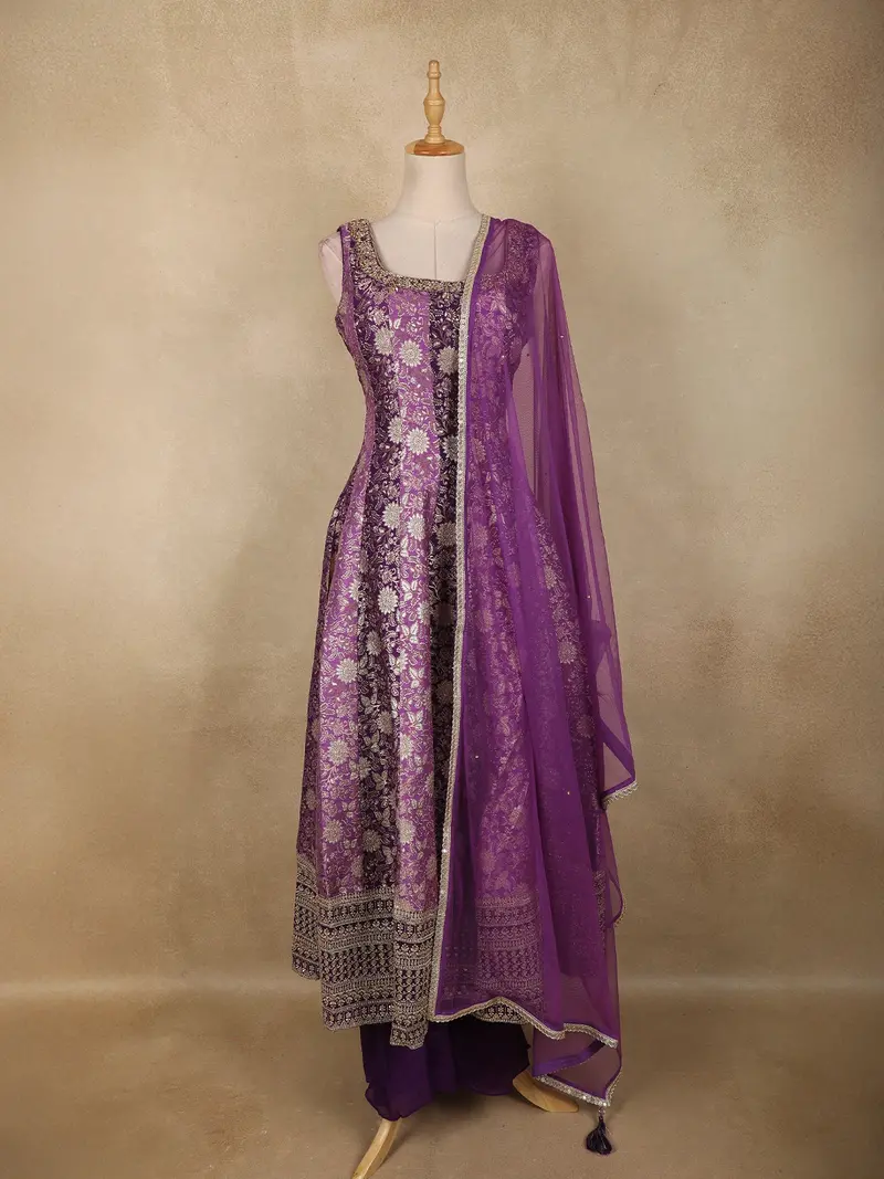 Deep Purple Floral Woven  Banarasi Silk Palazzo Suit With Sheer Dupatta 1