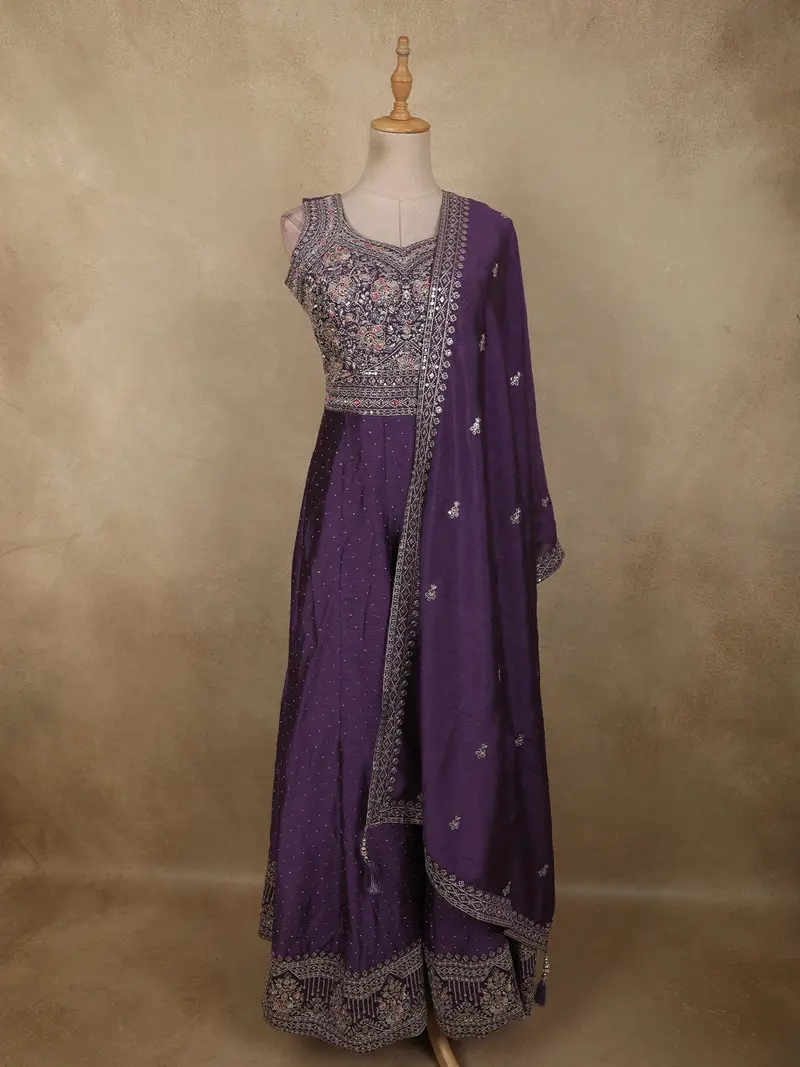 Deep Purple Floral Zari Embroidered Design Georgette Gown With Dupatta 1