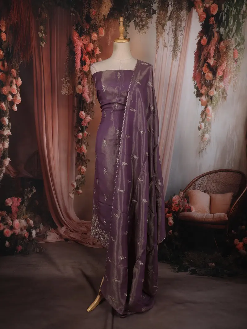 Deep Purple Floral Zari Embroidered Design Tissue Unstitched Salwar Material With Dupatta 1