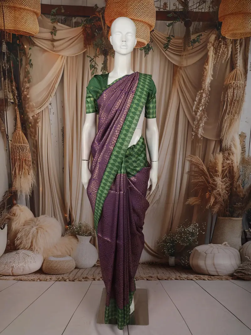Deep Purple Geometric Zari Woven Design Semi Tussar Saree With Contrast Zari Border 1