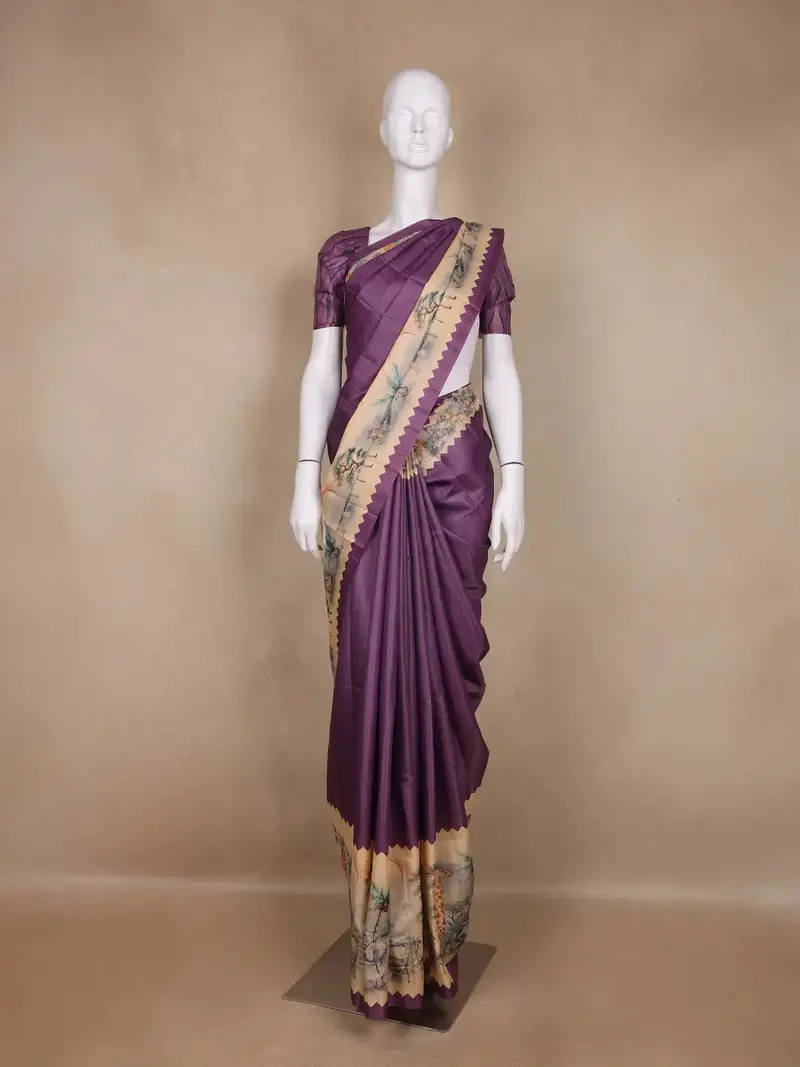 Deep Purple Jungle Motifs Printed Semi Tussar Saree 1
