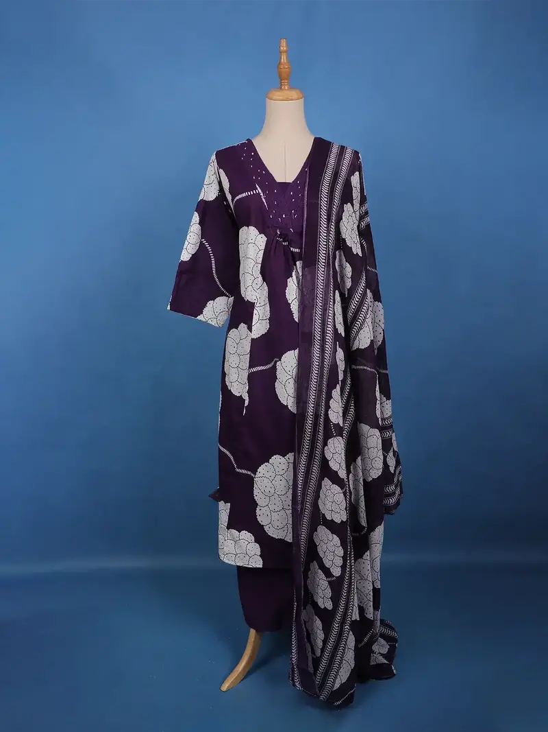Deep Purple Mirror Work Floral Printed Cotton Salwar Suit Set 1