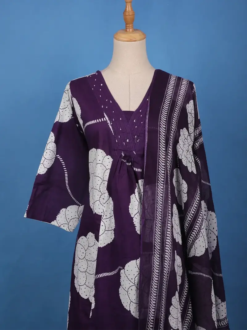 Deep Purple Mirror Work Floral Printed Cotton Salwar Suit Set 2