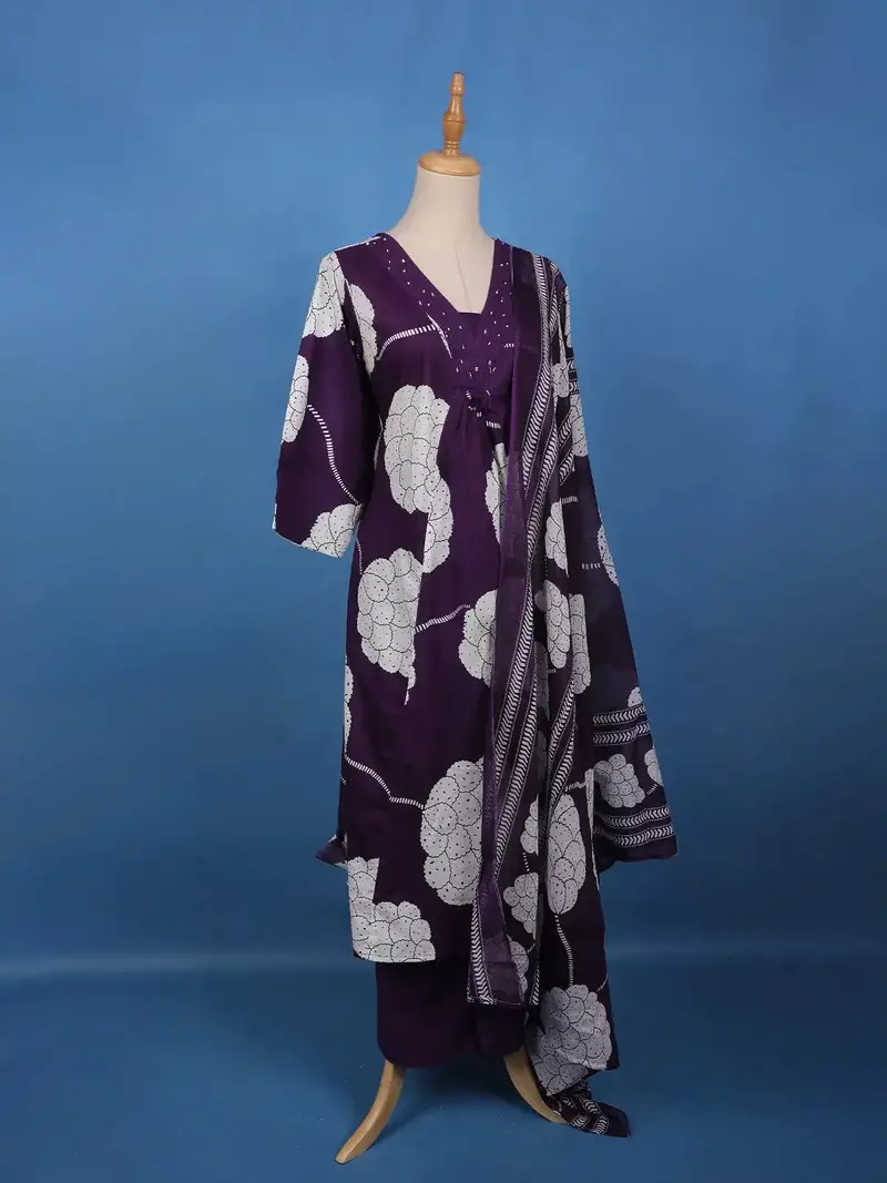Deep Purple Mirror Work Floral Printed Cotton Salwar Suit Set 3