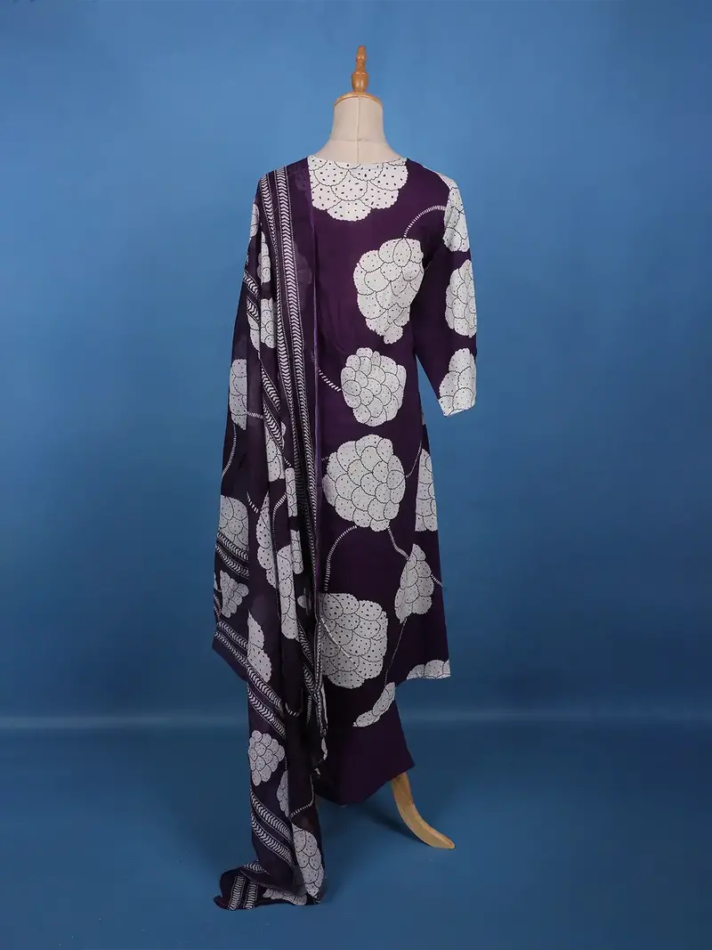 Deep Purple Mirror Work Floral Printed Cotton Salwar Suit Set 4