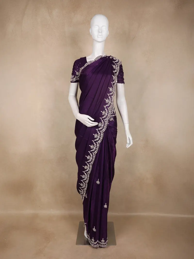 Deep Purple Sequins And Beads Embroidered Design Space Silk Party Wear Saree 1