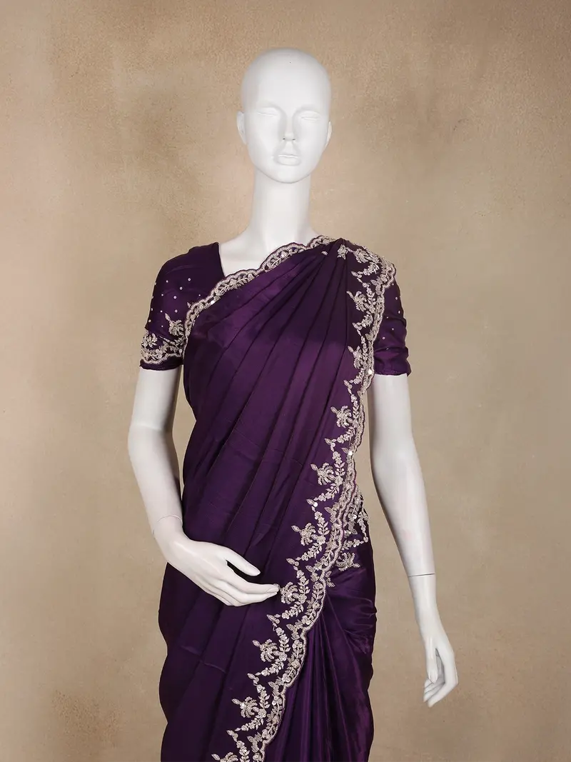 Deep Purple Sequins And Beads Embroidered Design Space Silk Party Wear Saree 2